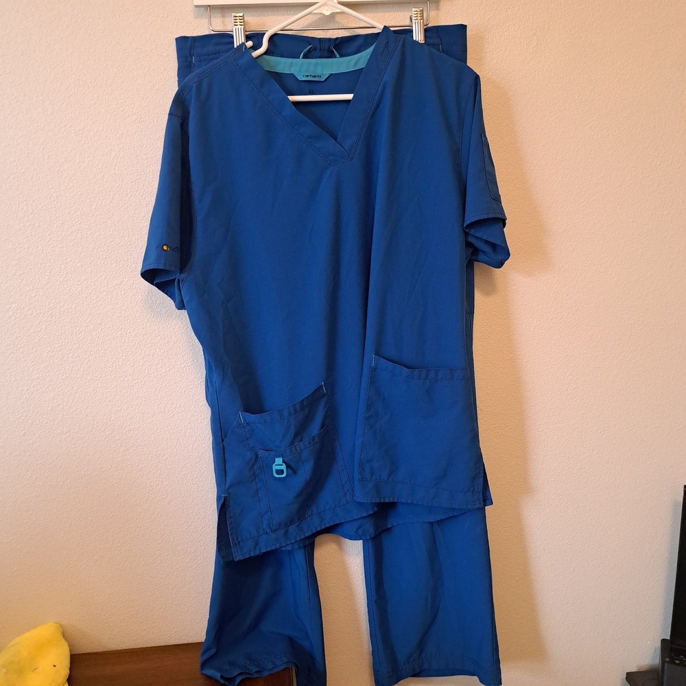 Carhartt Force Women Royal Blue Medical Scrub Set V-Neck Top Cargo Pants XL